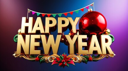Happy New Year 3D Text in Shiny Gold Color on Festive Celebration Event Background, Modern 3D Cartoon Illustration Style for Holiday Greeting, Party Design, Decorative Banner and Seasonal Artwork