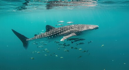 Tubarão-baleia nadando em cardume com raios de sol no oceano