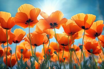 Obraz premium Bright orange poppy flowers blooming in a sunny blue sky background with sunlight shining through petals evoking warmth and vibrancy