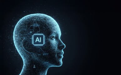 Obraz premium AI-Powered Mind: An abstract representation of the human mind is combined with artificial intelligence. The digital human head is integrated with futuristic circuits representing AI technology.