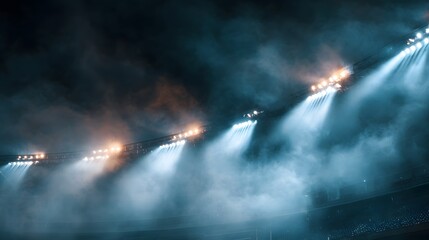 Fototapeta premium Bright stadium lights illuminating a foggy atmosphere.
