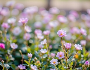 Vibrant flower blossoms in a glittering bokeh field nature scene outdoor dreamy atmosphere close-up view
