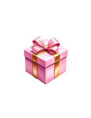 Pink gift box wrapped with bow and watercolor ribbon on white background