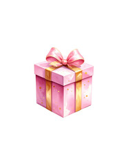 Fototapeta premium Pink gift box wrapped with bow and watercolor ribbon on white background