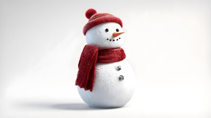 Fototapeta premium A cute snowman with a bright hat and scarf, smiling, on a white background