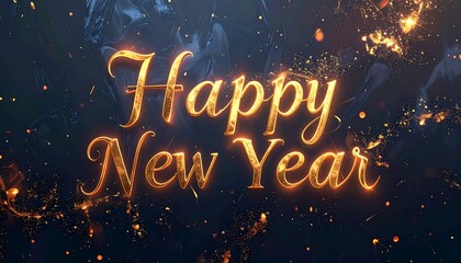 Happy New Year 3D Text in Shiny Gold Color on Festive Celebration Event Background, Modern 3D Cartoon Illustration Style for Holiday Greeting, Party Design, Decorative Banner and Seasonal Artwork