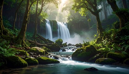 A tranquil waterfall cascades down mossy rocks in a lush, green forest, bathed in the soft morning light.
