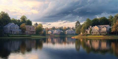 Obraz premium Peaceful residential neighborhood with large houses surrounded by trees reflecting on calm lake water under a partly cloudy sky at sunset