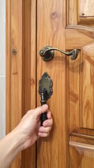 A hand opening a wooden door with ornate hardware