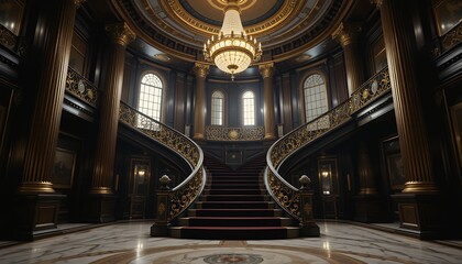 Obraz premium Lavish grand staircase with ornate golden details and elegant chandelier in a luxurious mansion