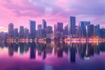Fototapeta premium city skyline at dusk with tall modern buildings reflecting on calm water under a purple and pink cloudy sky