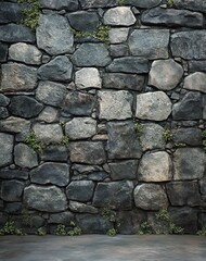 rough stone wall with irregular large rocks and small green plants growing between the cracks creating a natural textured surface