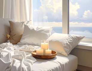 A serene bedroom scene by a window, showcasing soft lighting and candles on a wooden tray, highlights the calming atmosphere.