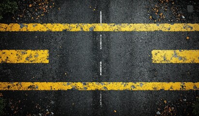 Close-up of worn yellow double lines and short yellow stripes on dark asphalt road with small scattered gravel and debris