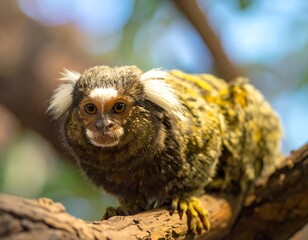 Close-up of a marmoset with striking white fur on its head and shoulders, perched on a tree branch against a softly out-of-focus background of greenery and blue sky.