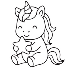 A sweet, simple line art drawing of a cute unicorn sitting happily and holding a star.