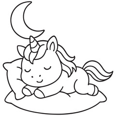 A sweet black and white drawing of a cute unicorn soundly sleeping on a pillow with a crescent moon above.