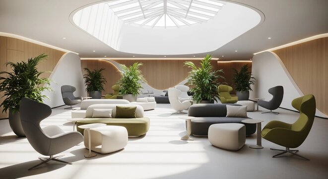 Modern minimalist lounge area with skylight and comfortable seating