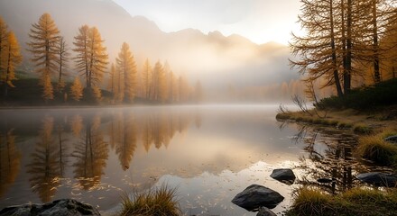 Misty Autumn Morning on a Calm Alpine Lake.