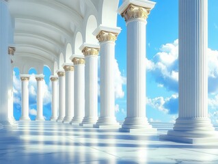 Fototapeta premium Bright white marble corridor with tall fluted columns topped with ornate golden capitals under clear blue sky with fluffy clouds creating a serene and majestic atmosphere