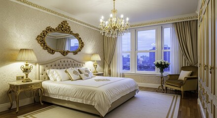 Opulent Bedroom Interior with Gold Ornate Mirror, Crystal Chandelier, Plush Bed, and Cityscape Views