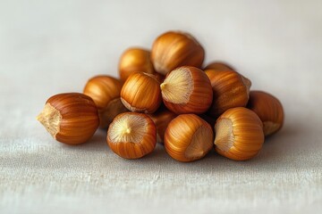 Obraz premium Close-up of a small pile of whole hazelnuts on a textured beige fabric surface with warm natural lighting