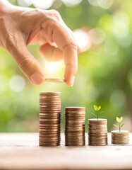 A hand placing a coin on top of a stack of coins, creating a growing pattern, with small plants emerging from other stacks.  A blurred, bokeh background of out-of-focus greenery and light