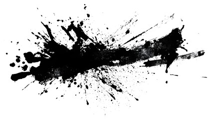 Abstract black ink splash with dynamic splatters and drips on a white background