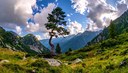 A dramatic mountain vista showcases a twisted pine tree amidst a lush valley, bathed in sunlight and surrounded by towering peaks under a dramatic sky.