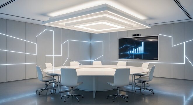 Modern Futuristic Conference Room Interior with LED Lighting and Presentation Screen