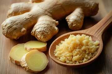 fresh ginger root with sliced pieces and grated ginger on a wooden spoon on a wooden surface