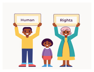 Diverse family holding signs for human rights and equality promotion