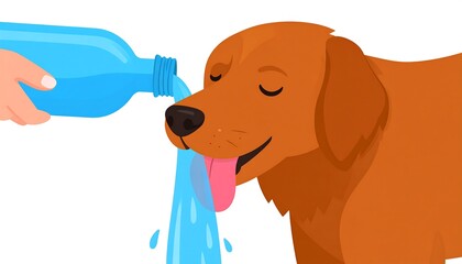 A hand pours water from a blue plastic bottle into the mouth of a golden retriever dog