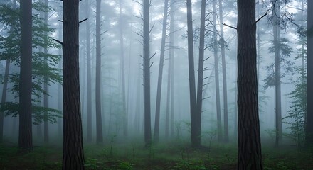Misty forest landscape with tall pine trees shrouded in fog, creating an ethereal and mysterious atmosphere.