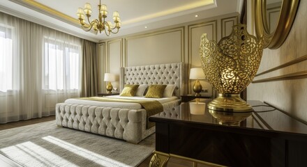 Luxurious and Elegant Master Bedroom Interior with Tufted Bed, Gold Accents, Classic Chandelier, and Warm Lighting