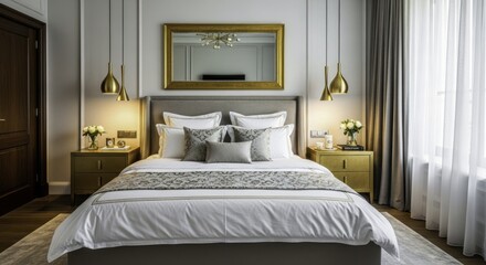 Elegant and Luxurious Bedroom Interior with White Bedding, Golden Accents, Grey Decor, and Modern Classic Design.
