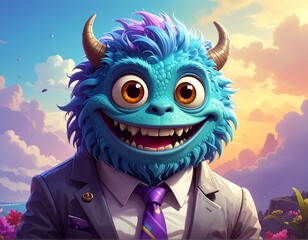 A cheerful, light-blue creature with large eyes and a wide smile, wearing a suit and tie, stands against a backdrop of pastel clouds and hills.