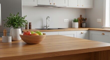Table with linen tablecloth for present product on kitchen blur background, Ai generate
