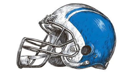 Fototapeta premium A hand-drawn illustration of an American football helmet, showcasing its distinctive shape and features, with a shiny surface and faceguard