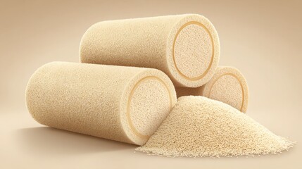 Three Beige Foam Rolls with Pile of Granular Material on Surface