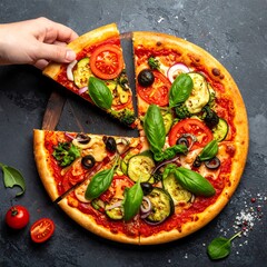 A hand reaches for a slice of a vibrant, veggie-topped pizza