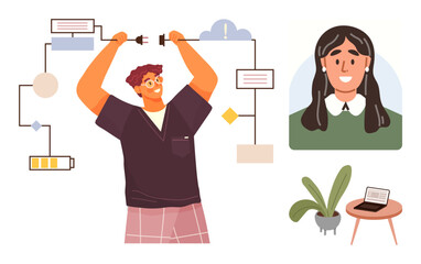 Person adjusting workflow settings with connecting cables, digital diagram, smiling teammate portrait, laptop, and indoor plant. Ideal for teamwork, innovation, technology, productivity problem