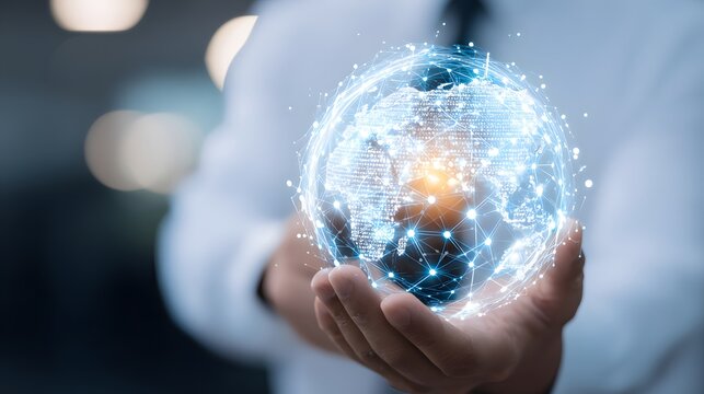Hands holding a digital globe with network connections