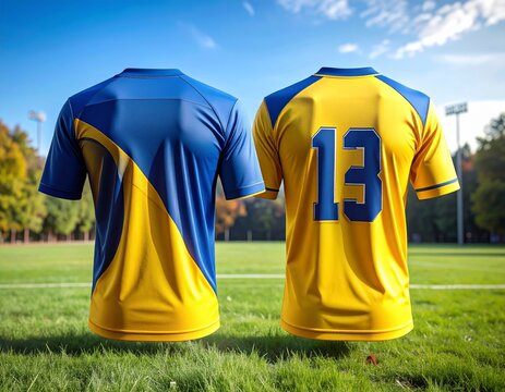 Realistic soccer jersey design showcasing front and back views with vivid colors and number 13 on the back, for sports apparel - Powered by Adobe