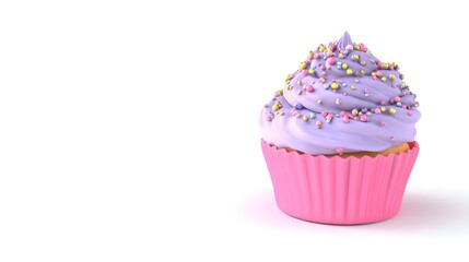 A colorful cupcake with pink and white frosting topped with sprinkles, placed in a yellow cupcake liner isolated white background