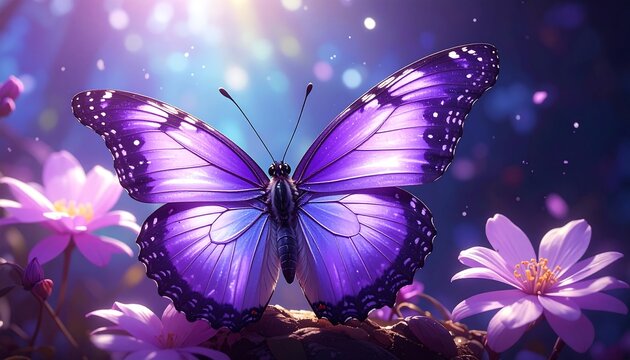 A vibrant purple butterfly rests amongst delicate pink flowers, bathed in ethereal light.