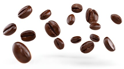 A collection of floating coffee beans against a white background