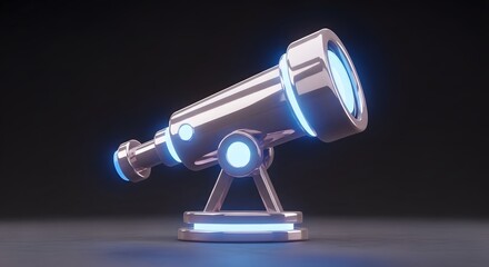 Futuristic Telescope with Glowing Blue Accents on Dark Background.