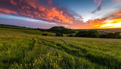 Fototapeta premium Vibrant sunset over rolling hills and wildflowers