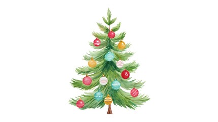 A beautifully decorated Christmas tree with ornaments and gifts underneath on white background